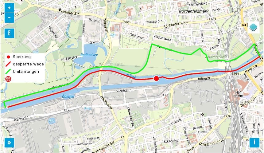 Streckeninfo: Map showing a canal with a red line for closures, blue for closed paths, and green for detours; a red circle marks the closure point at Hafenstr., in a city area with streets and parks labeled.