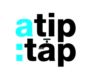 The image shows the words a tip : tap in bold letters. The a and the colon are in light blue, while the rest of the text is in black. The i in tip is stylized with a small tap icon as its dot, emphasizing a leitungswasserfreundlich message.